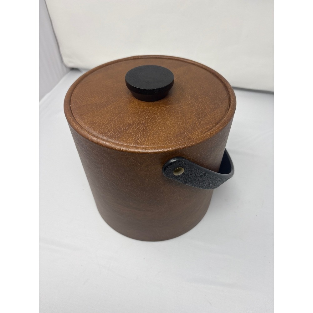 Vintage Mid Century Modern Brown Faux Leather Insulated Ice Bucket with Handle - Picture 4 of 6